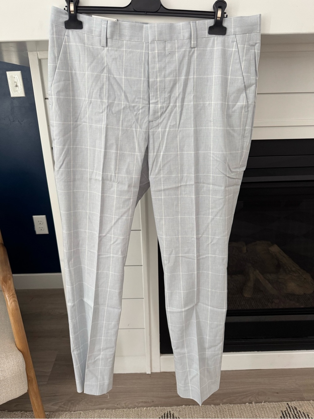 Express Extra Slim Windowpane Plaid Dress Pants 34x34 Light Blue/White